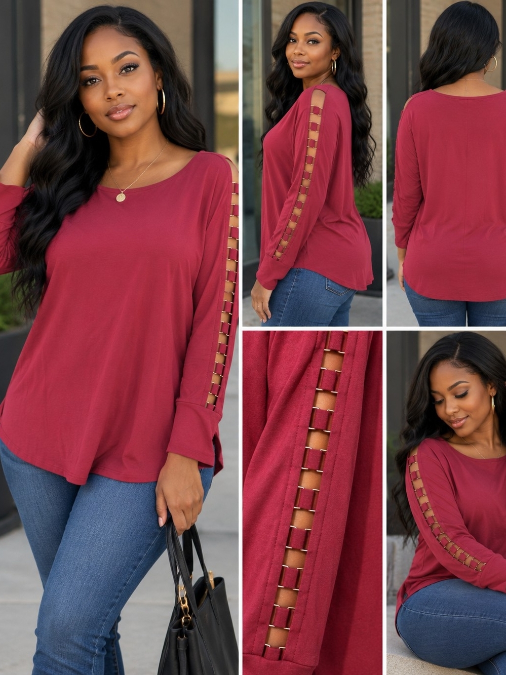 Avenue Burgundy Long Sleeve Top with Ladder-Sleeve Cutouts